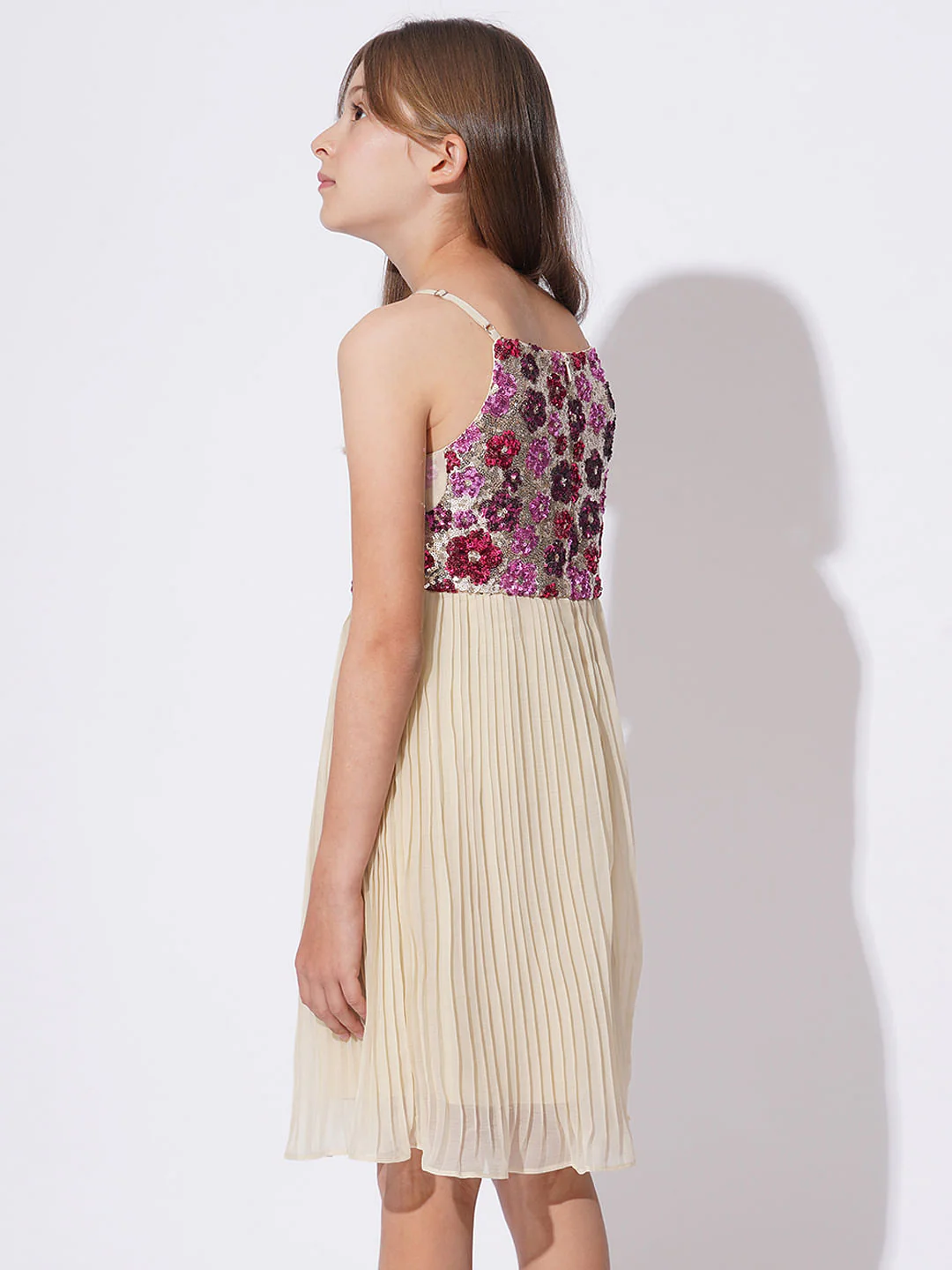 Girls Peach Embellished Pleated Dress - Image 3