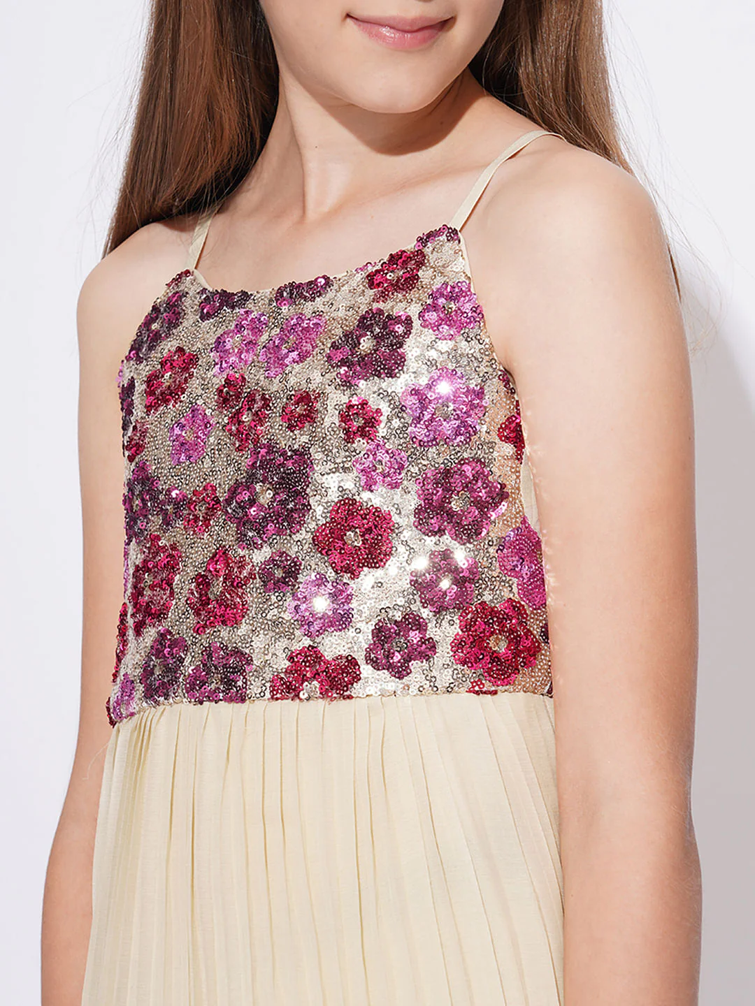 Girls Peach Embellished Pleated Dress - Image 4