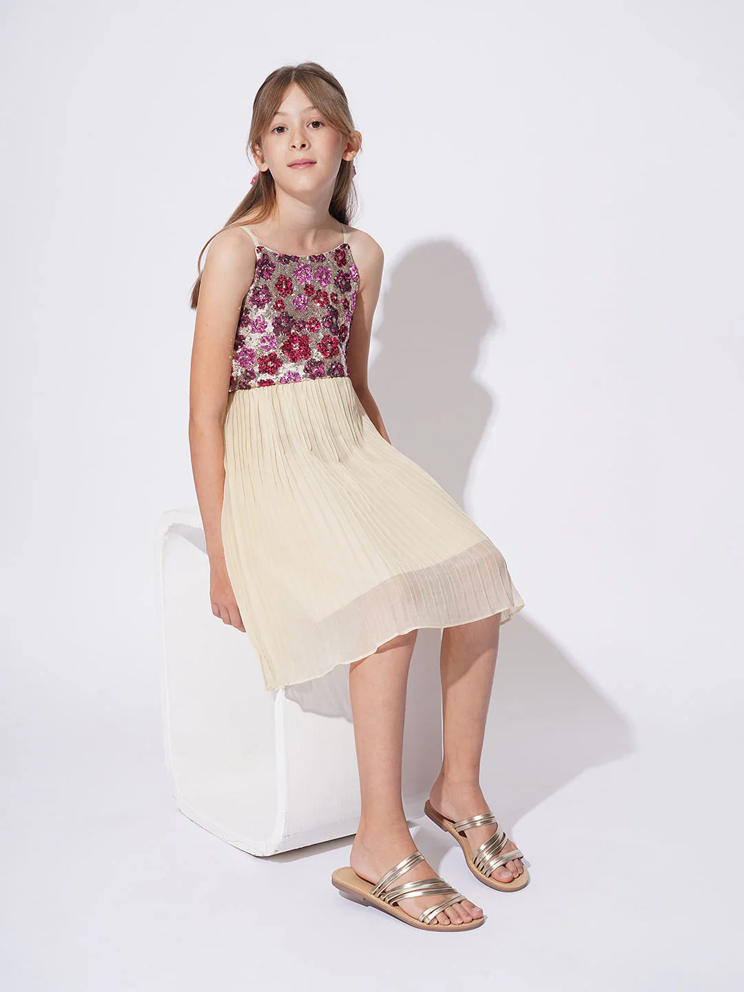 Girls Peach Embellished Pleated Dress - Image 5