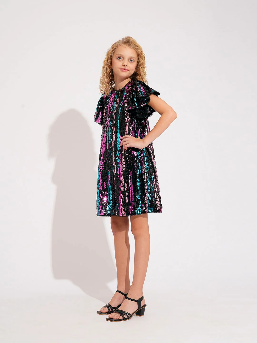 Girls Black Sequinned Dress - Image 5