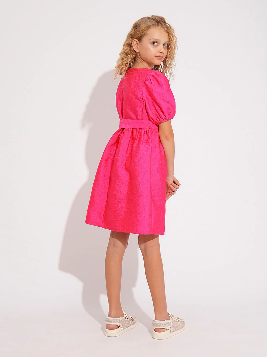 Girls Pink Jacquard Fit & Flare Dress - Image 3