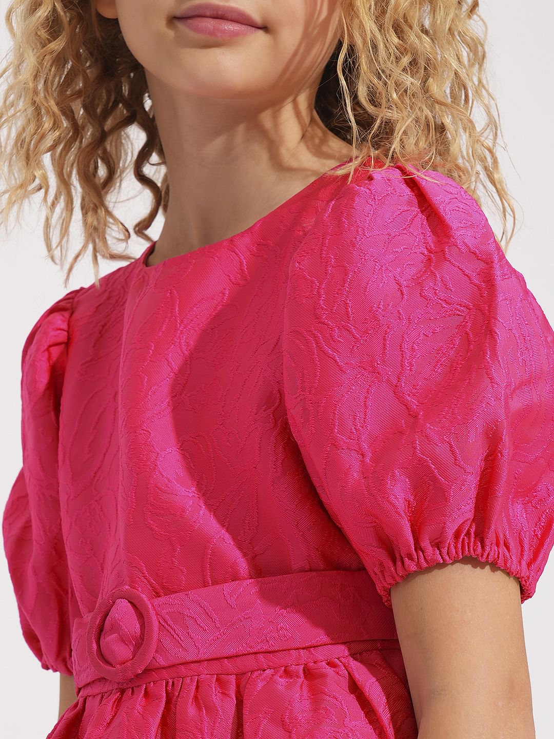 Girls Pink Jacquard Fit & Flare Dress - Image 4