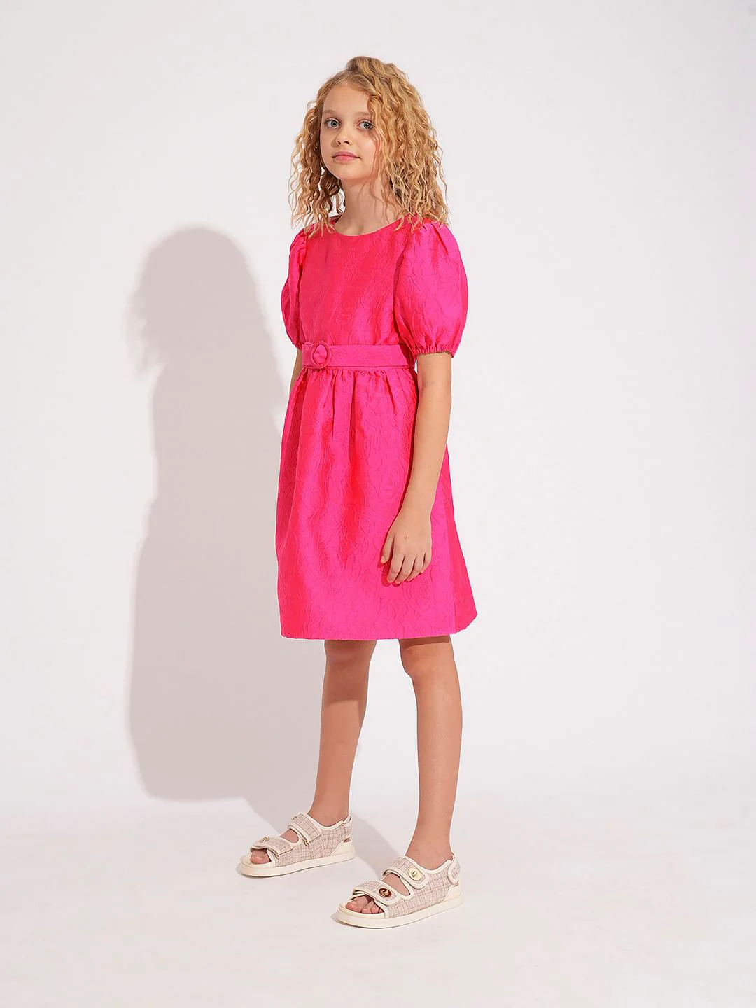 Girls Pink Jacquard Fit & Flare Dress - Image 5