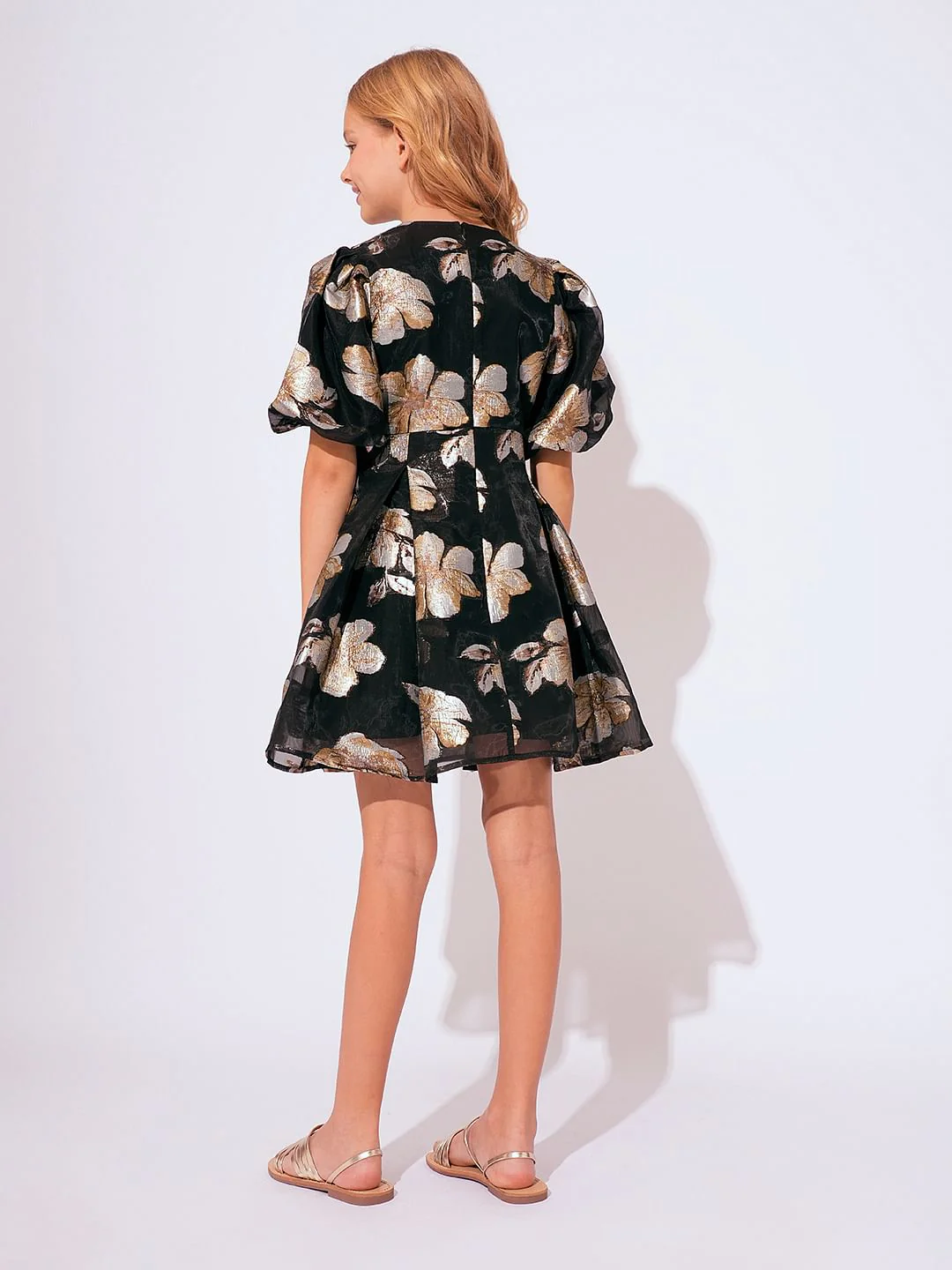 Girls Black Floral Jacquard Organza Dress - Image 3