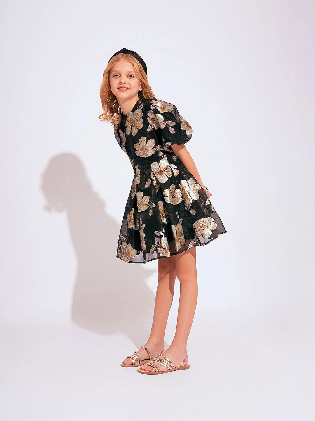 Girls Black Floral Jacquard Organza Dress - Image 5