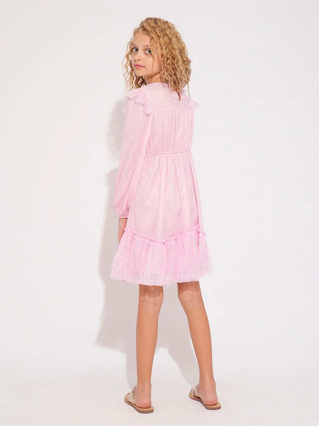 Girls Pink Mesh Printed Dress - Image 3