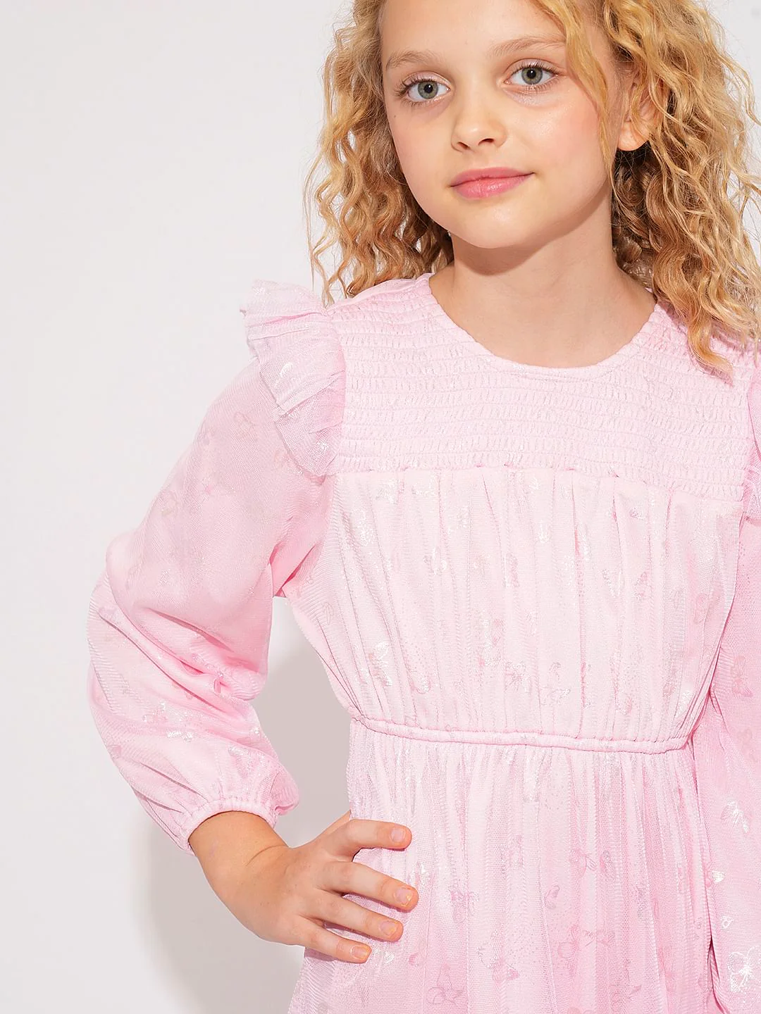 Girls Pink Mesh Printed Dress - Image 4