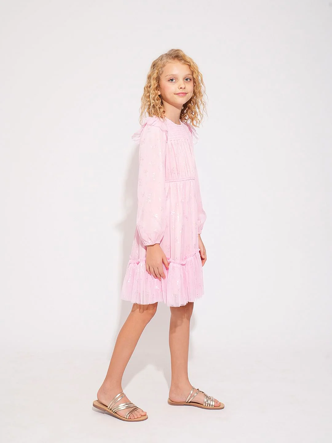 Girls Pink Mesh Printed Dress - Image 5