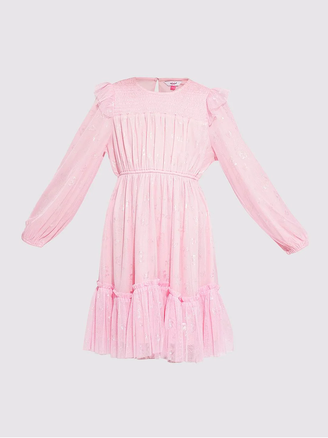 Girls Pink Mesh Printed Dress - Image 6
