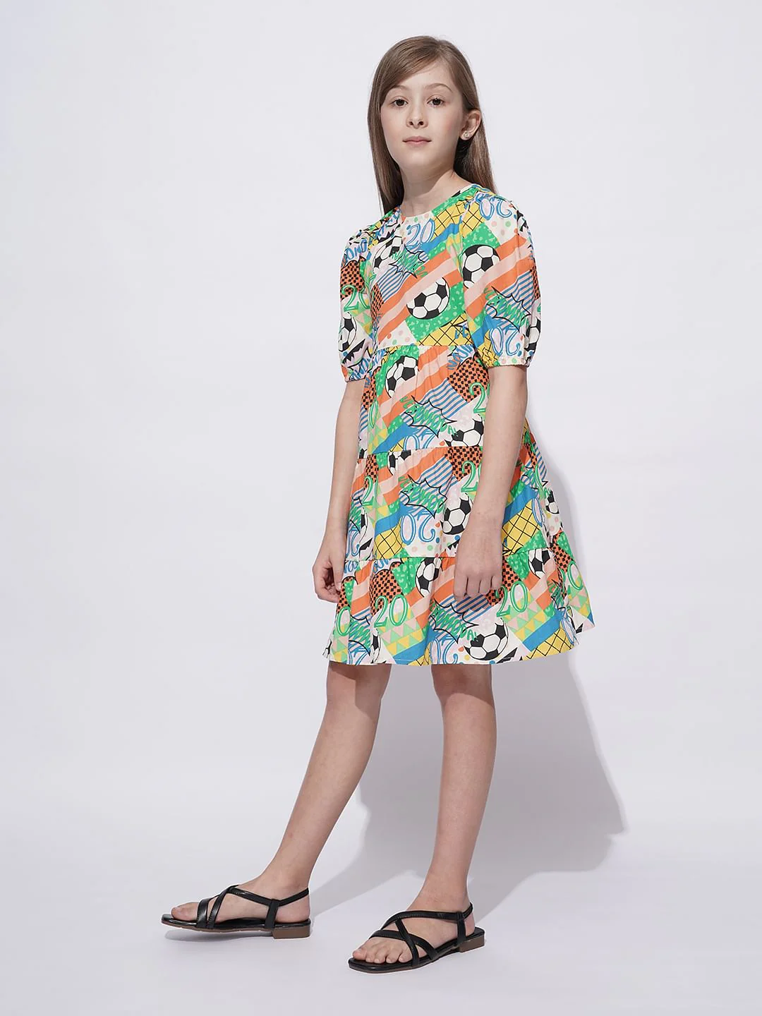 Girls Multi-Colour Printed Cotton Dress - Image 5