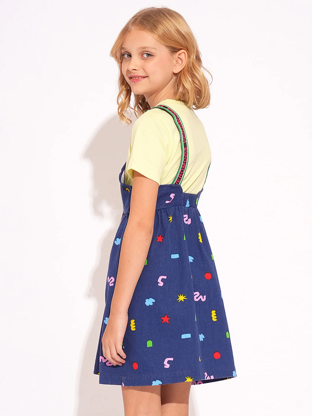 Girls Blue Printed Denim Dungaree - Image 3