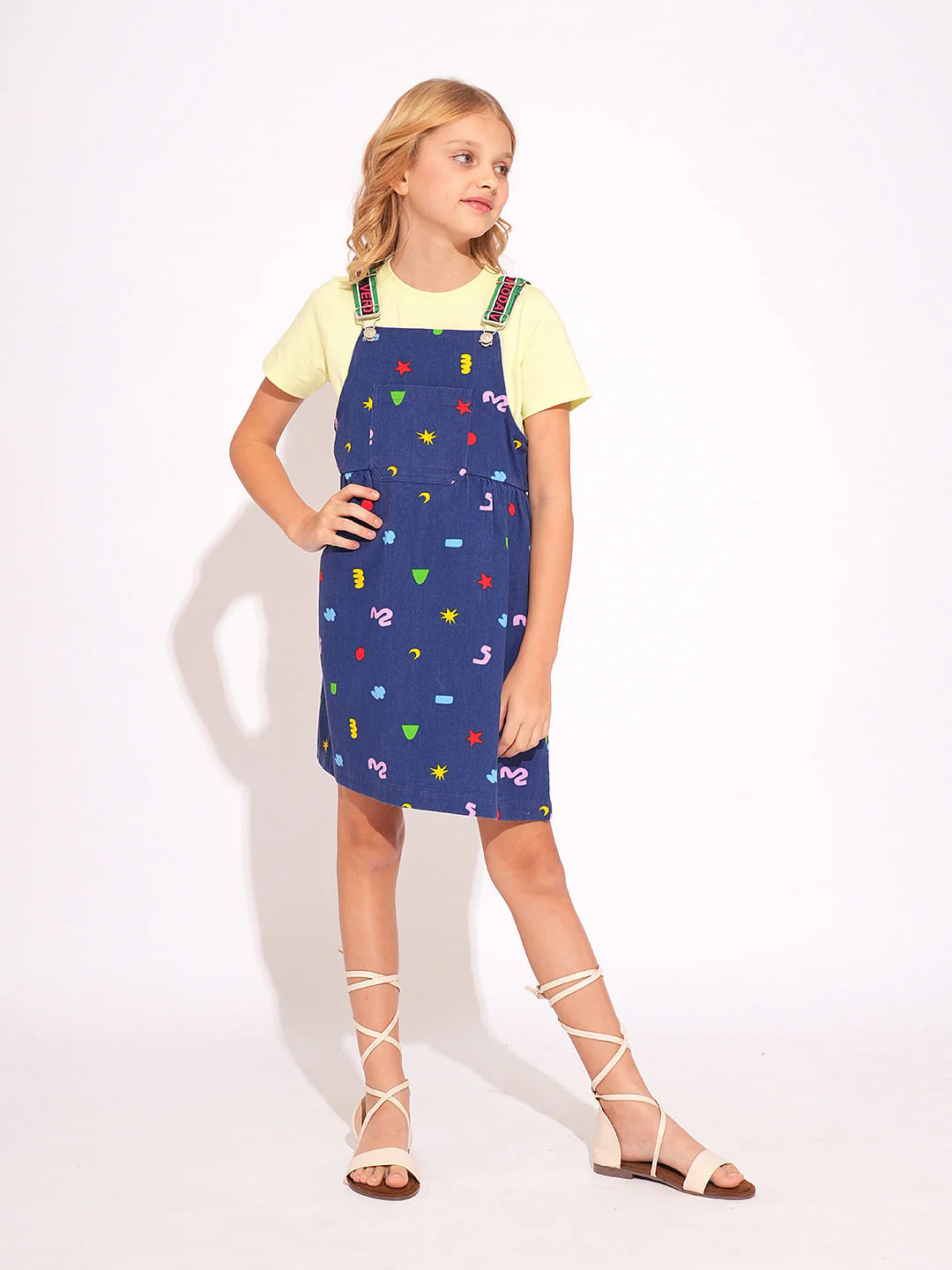 Girls Blue Printed Denim Dungaree - Image 5