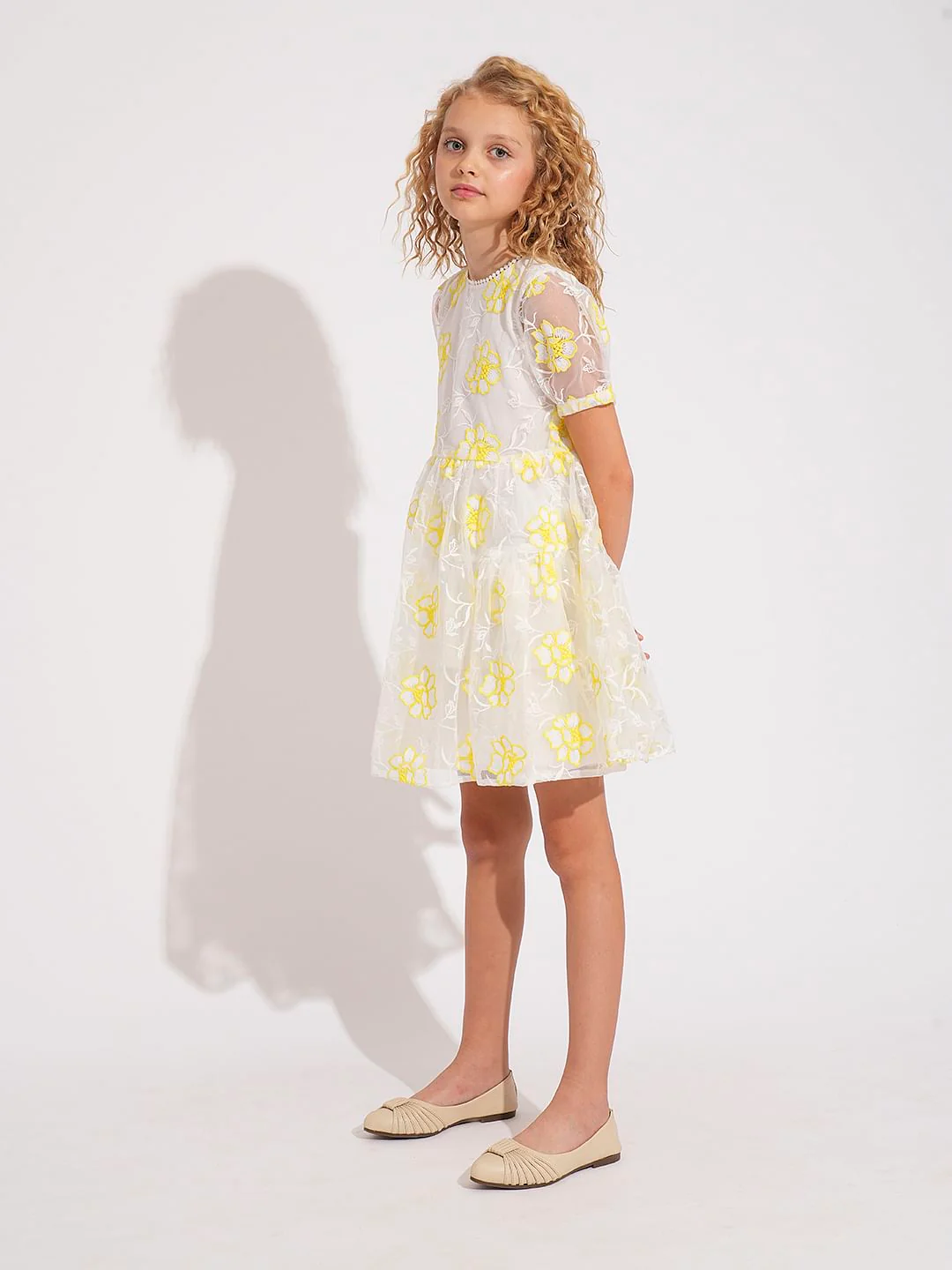 Girls White Organza Embroidered Dress - Image 5