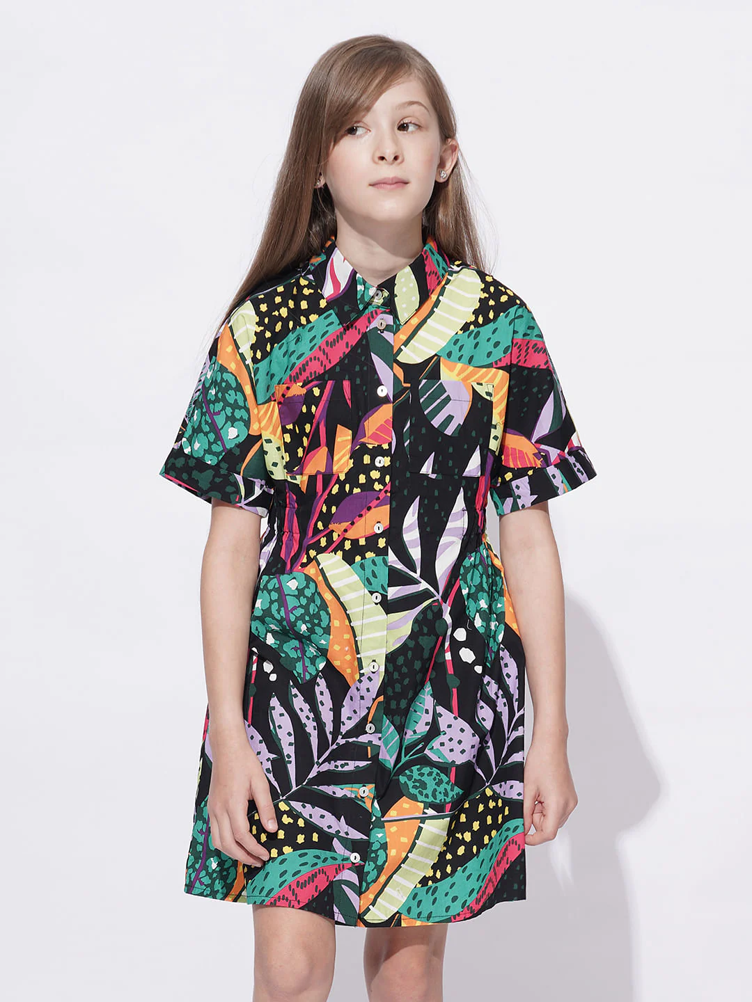 Girls Black Tropical Print Shirt Dress - Image 2