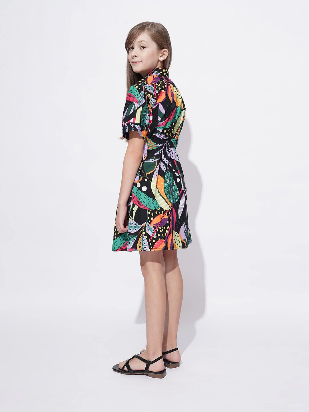 Girls Black Tropical Print Shirt Dress - Image 3