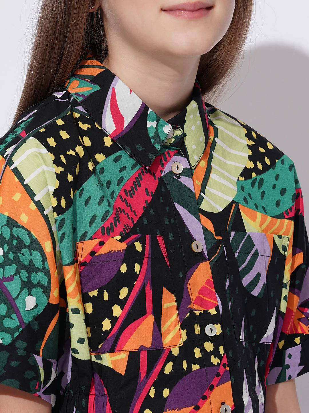 Girls Black Tropical Print Shirt Dress - Image 4
