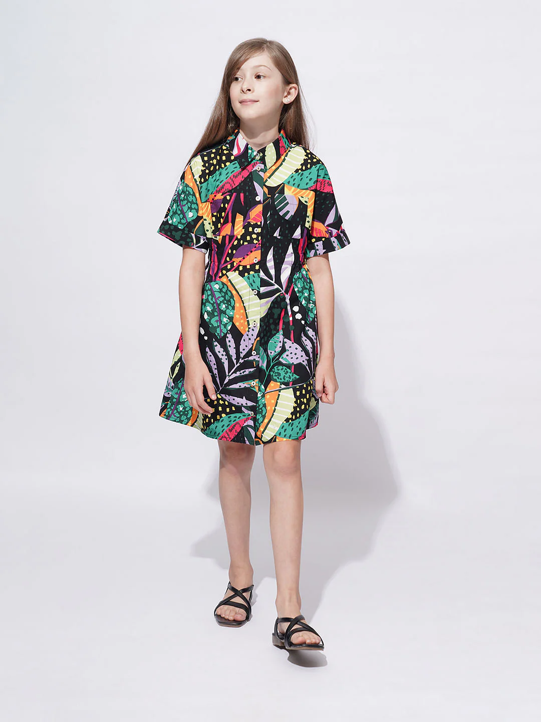 Girls Black Tropical Print Shirt Dress - Image 5