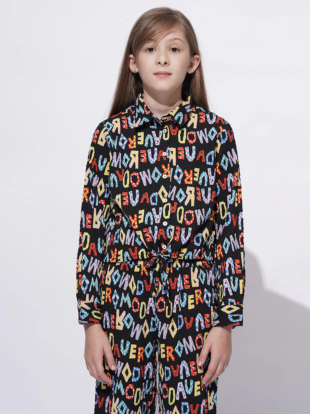 Girls Black Alphabet Print Co-Ord Set Shirt - Image 2