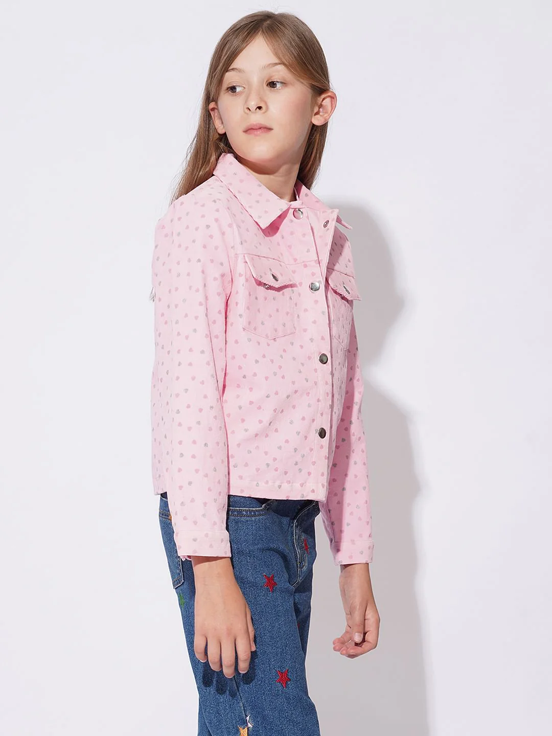 Girls Pink Printed Corduroy Shirt - Image 2