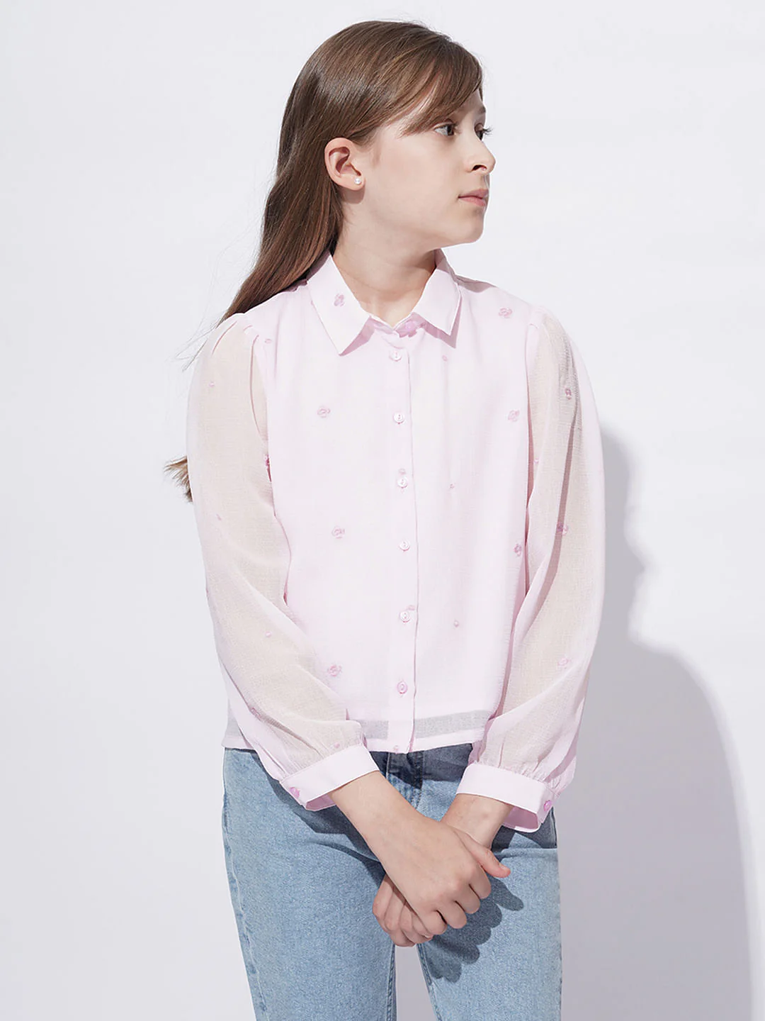 Girls Light Pink Embroidered Shirt - Image 2