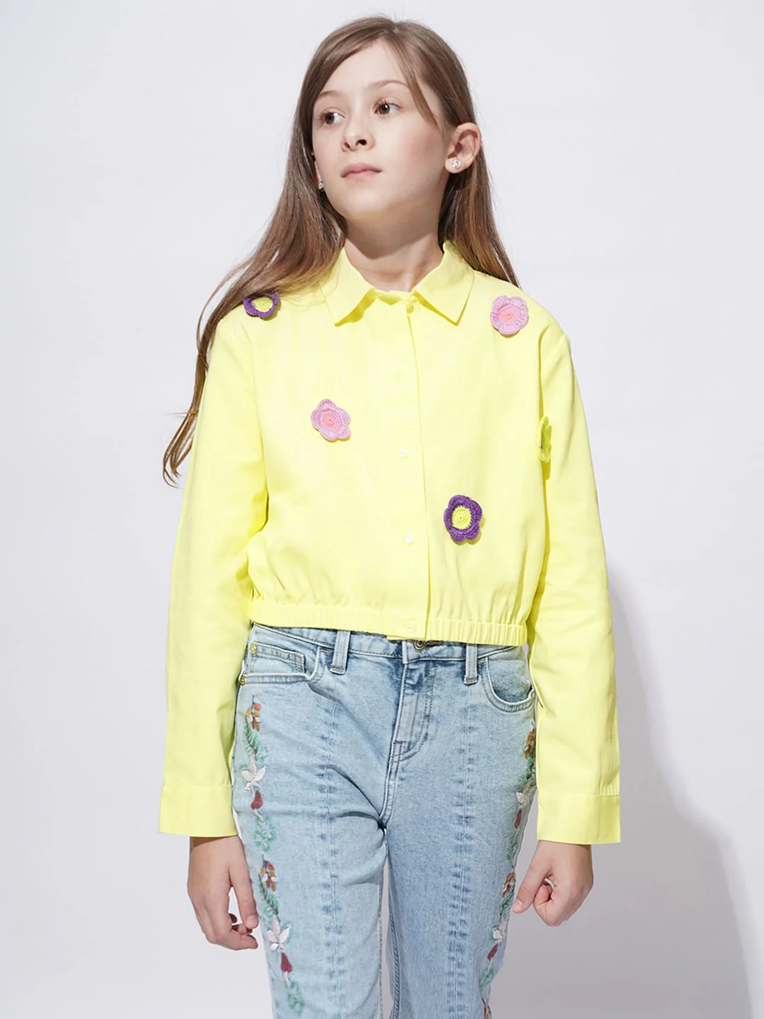 Girls Yellow Crochet Floral Patch Shirt - Image 2