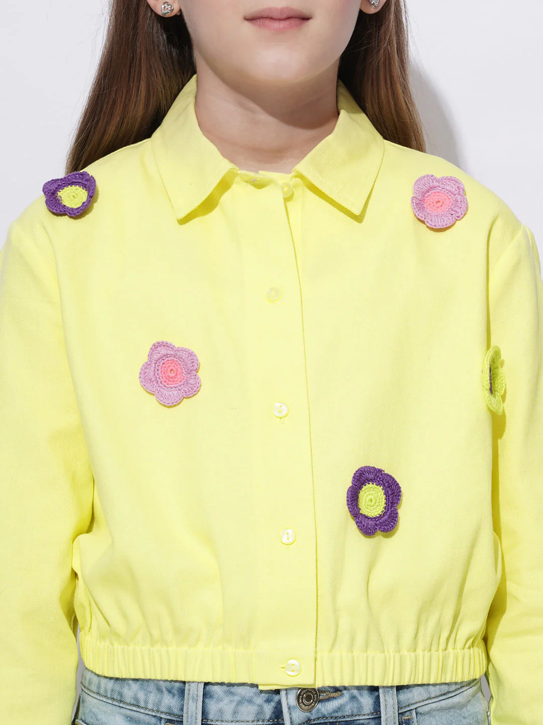 Girls Yellow Crochet Floral Patch Shirt - Image 4