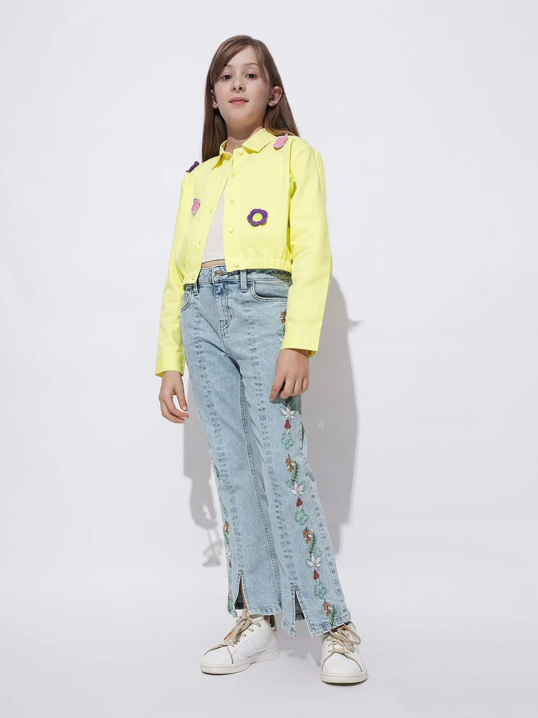 Girls Yellow Crochet Floral Patch Shirt - Image 5