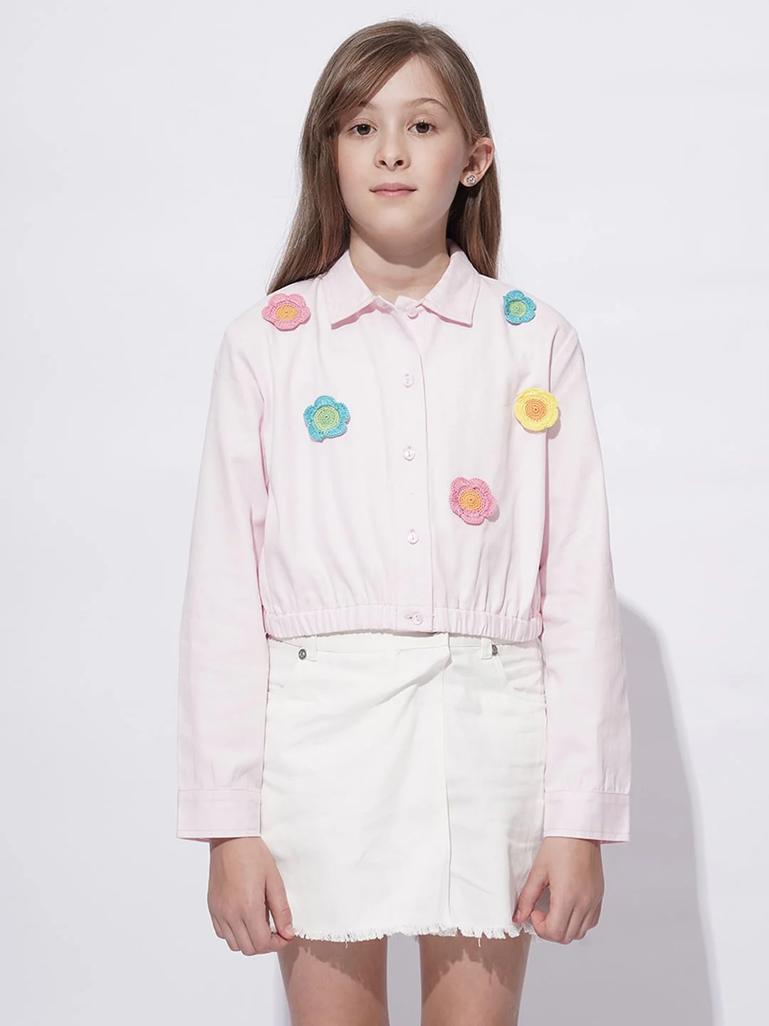 Girls Light Pink Crochet Floral Patch Shirt - Image 2