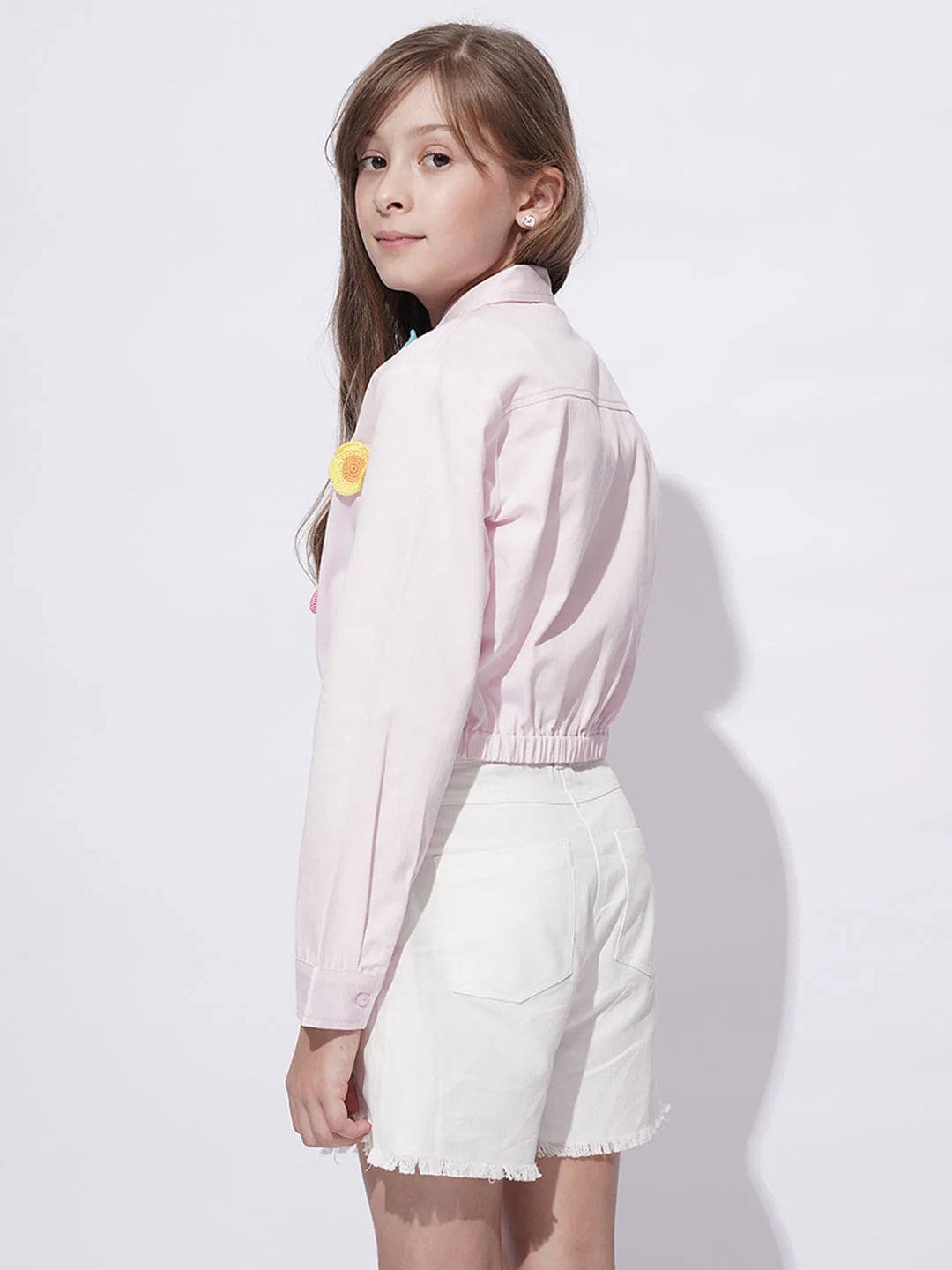 Girls Light Pink Crochet Floral Patch Shirt - Image 3