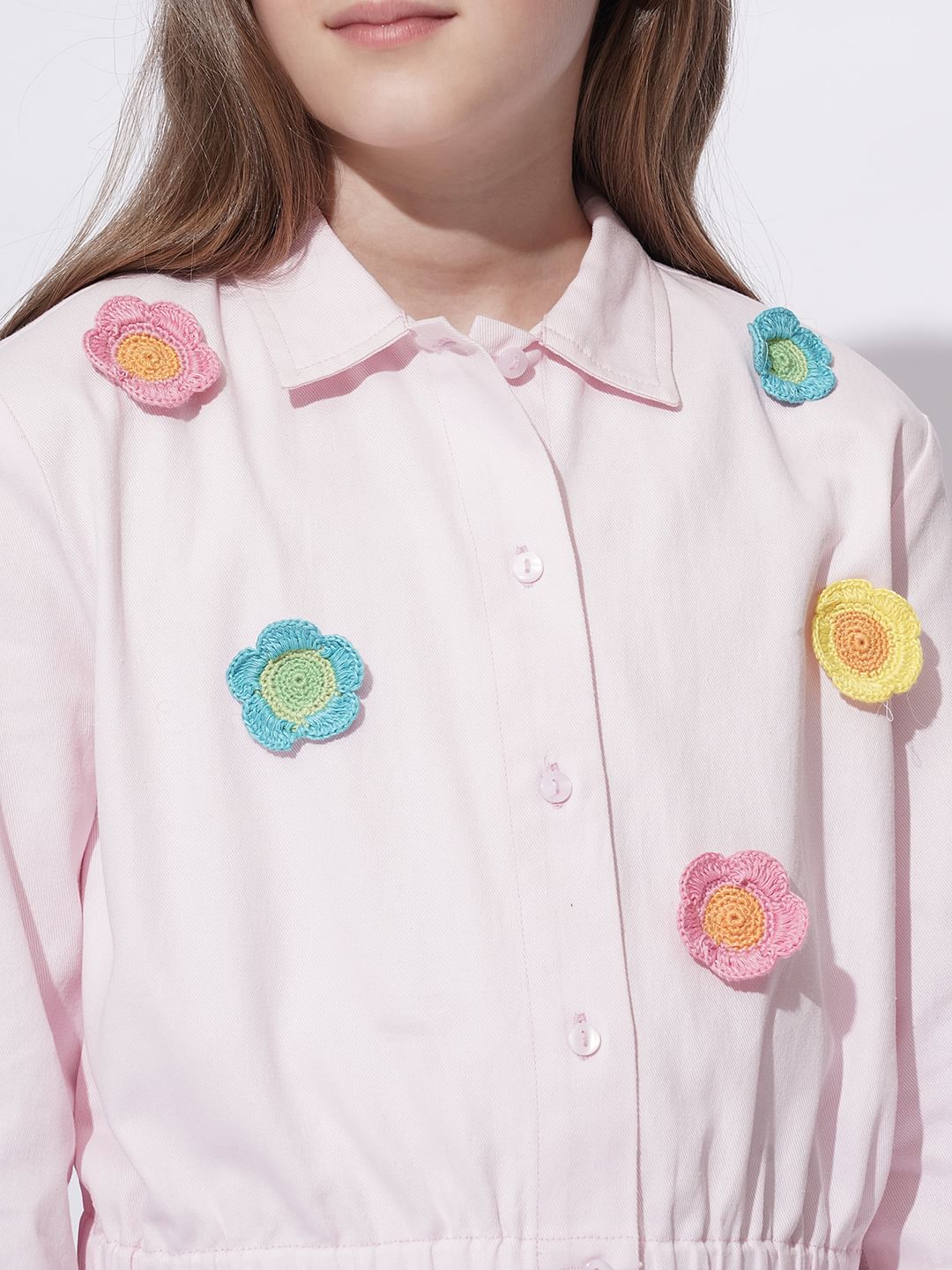 Girls Light Pink Crochet Floral Patch Shirt - Image 4