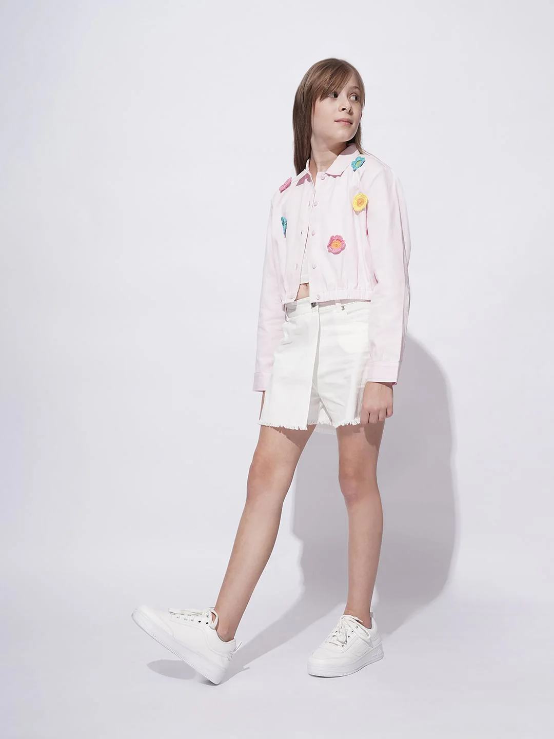 Girls Light Pink Crochet Floral Patch Shirt - Image 5