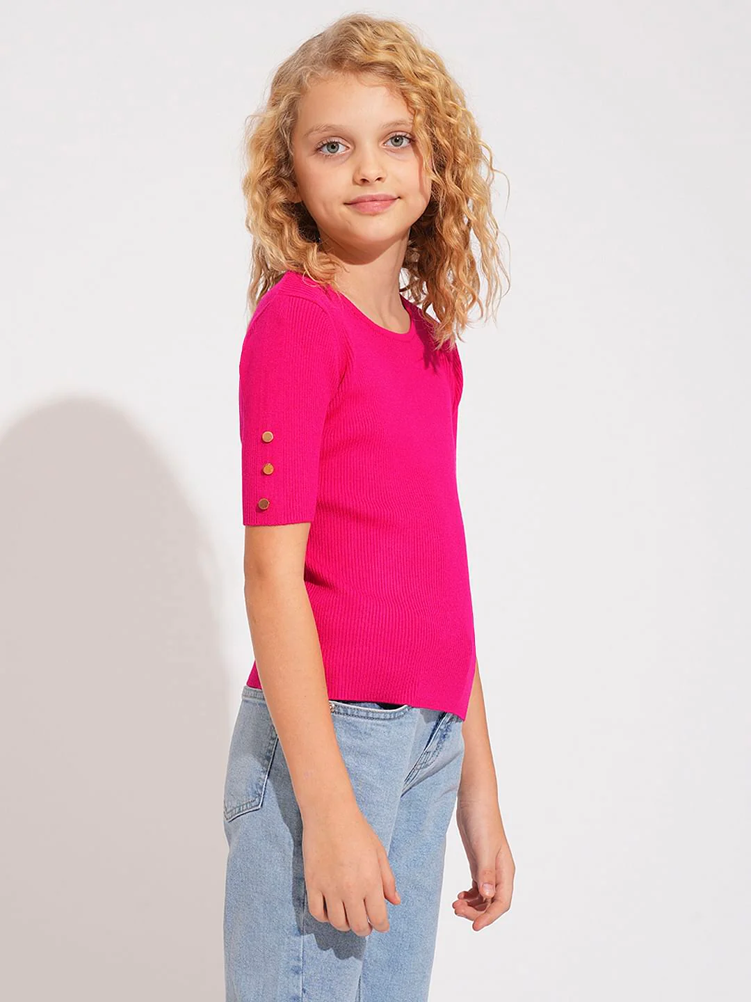 Girls Pink Ribbed Knitted Top - Image 2