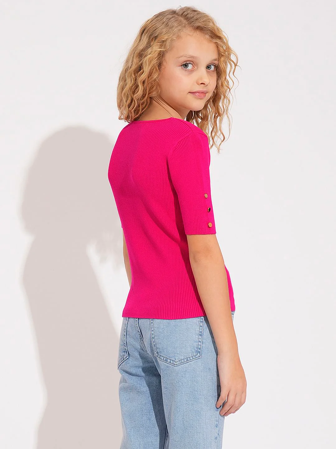 Girls Pink Ribbed Knitted Top - Image 3