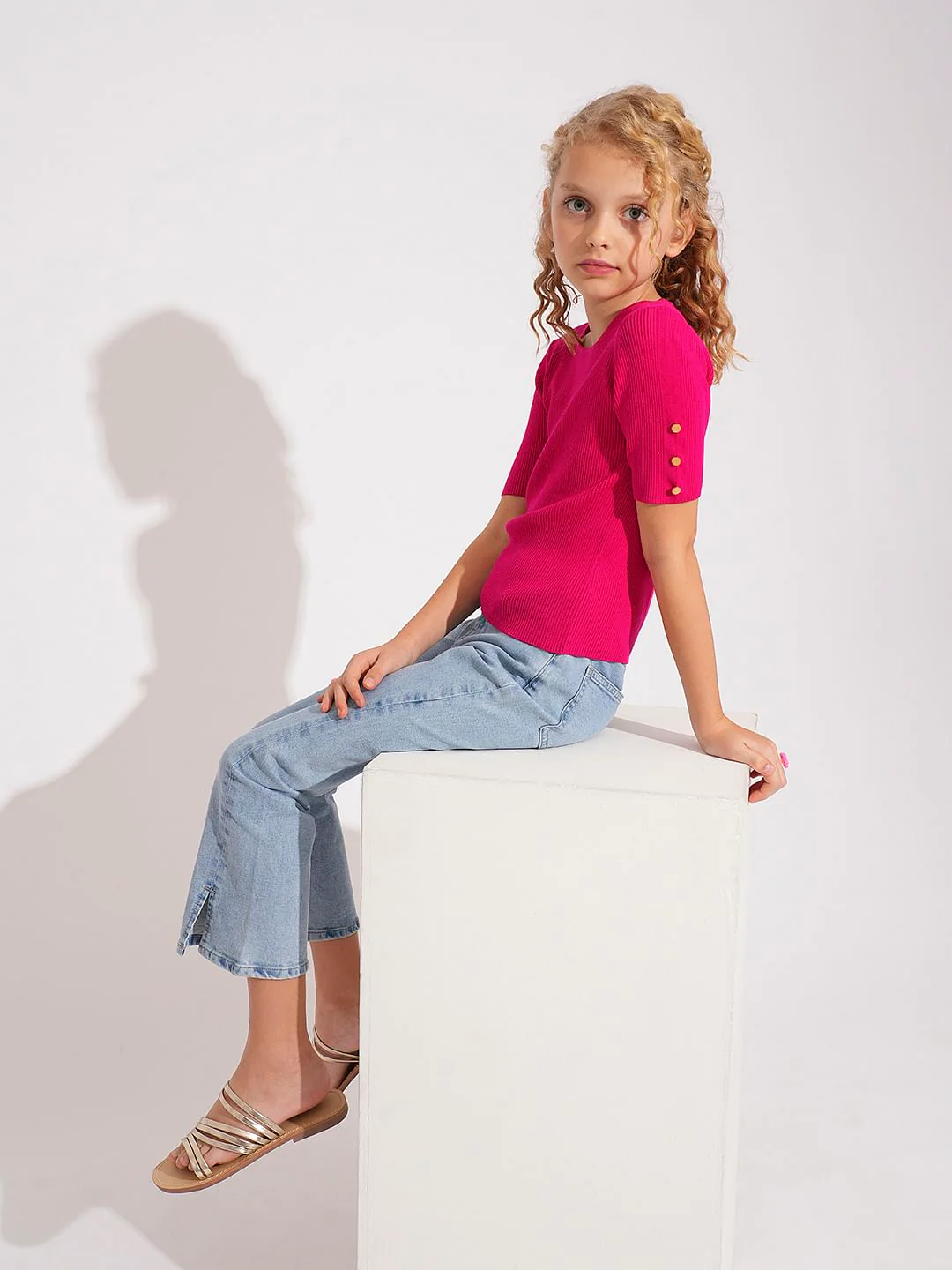 Girls Pink Ribbed Knitted Top - Image 5