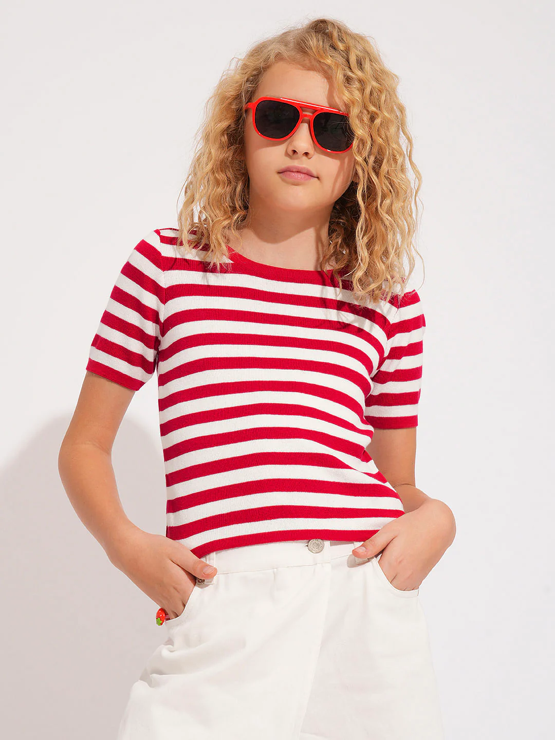 Girls Red Striped Knitted Top