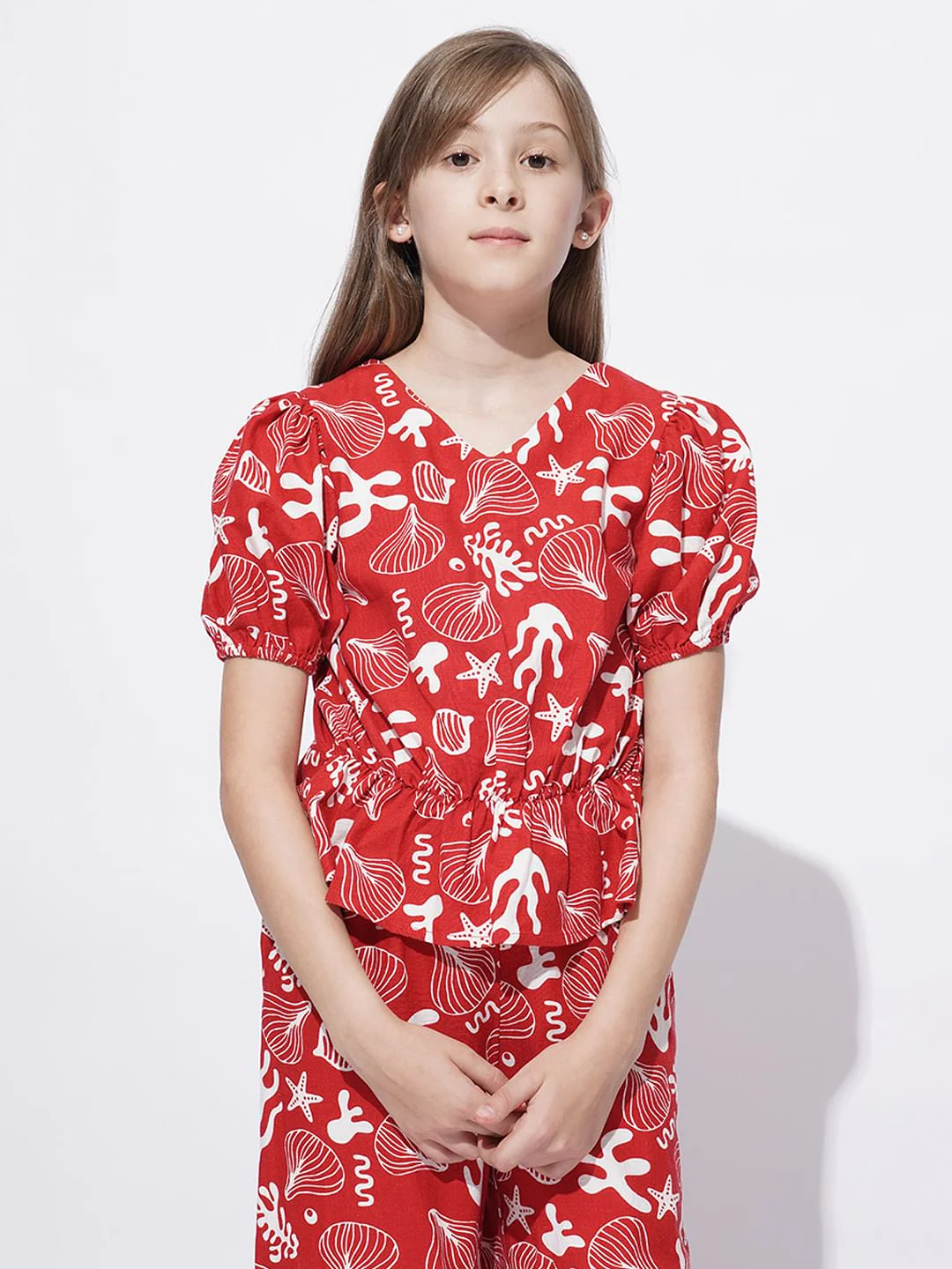 Girls Red Printed Co-Ord Set Top - Image 2