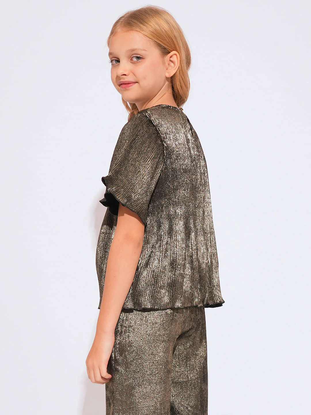 Girls Black Metallic Plisse Co-Ord Set Top - Image 3