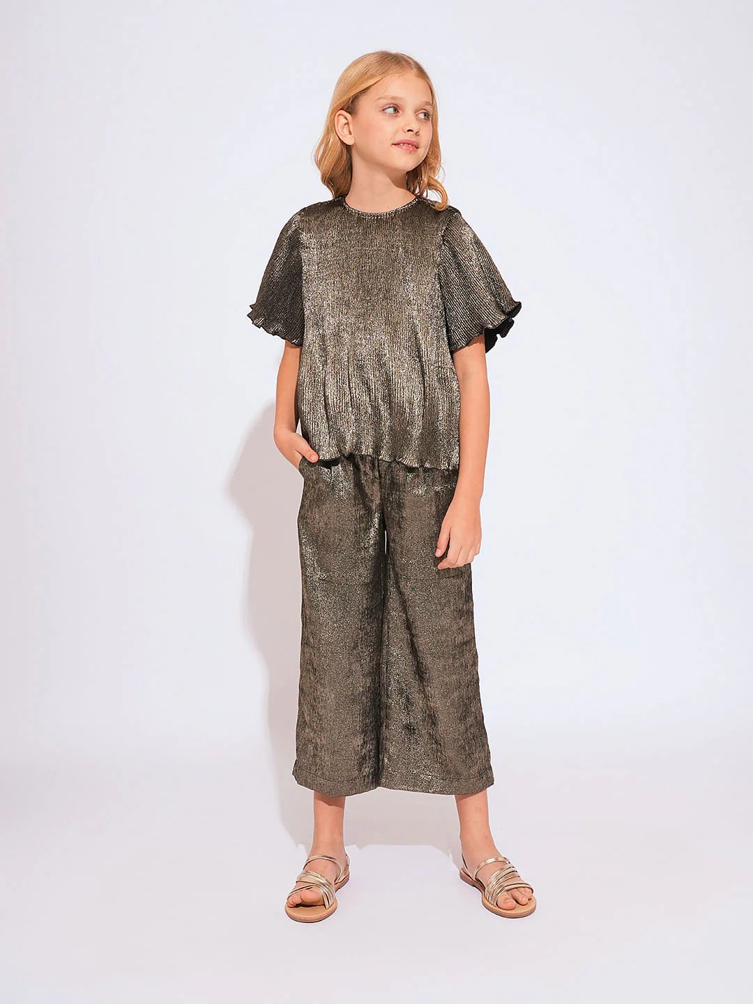 Girls Black Metallic Plisse Co-Ord Set Top - Image 5