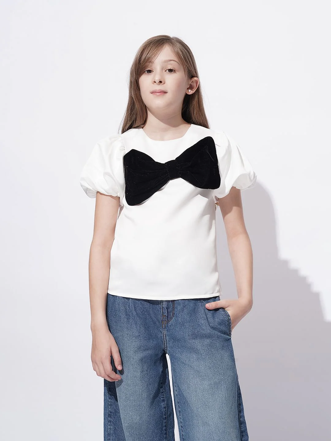 Girls White Velvet Bow Detail Top - Image 2