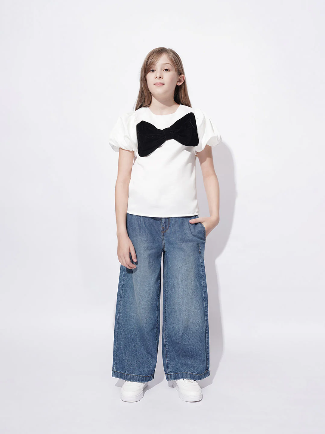 Girls White Velvet Bow Detail Top - Image 5