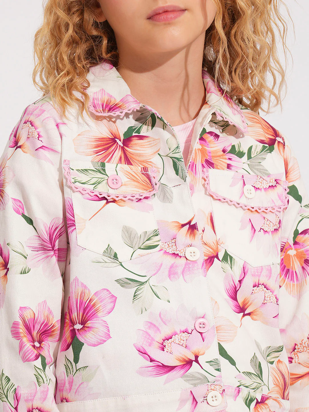 Girls Pink Floral Co-Ord Set Jacket - Image 3