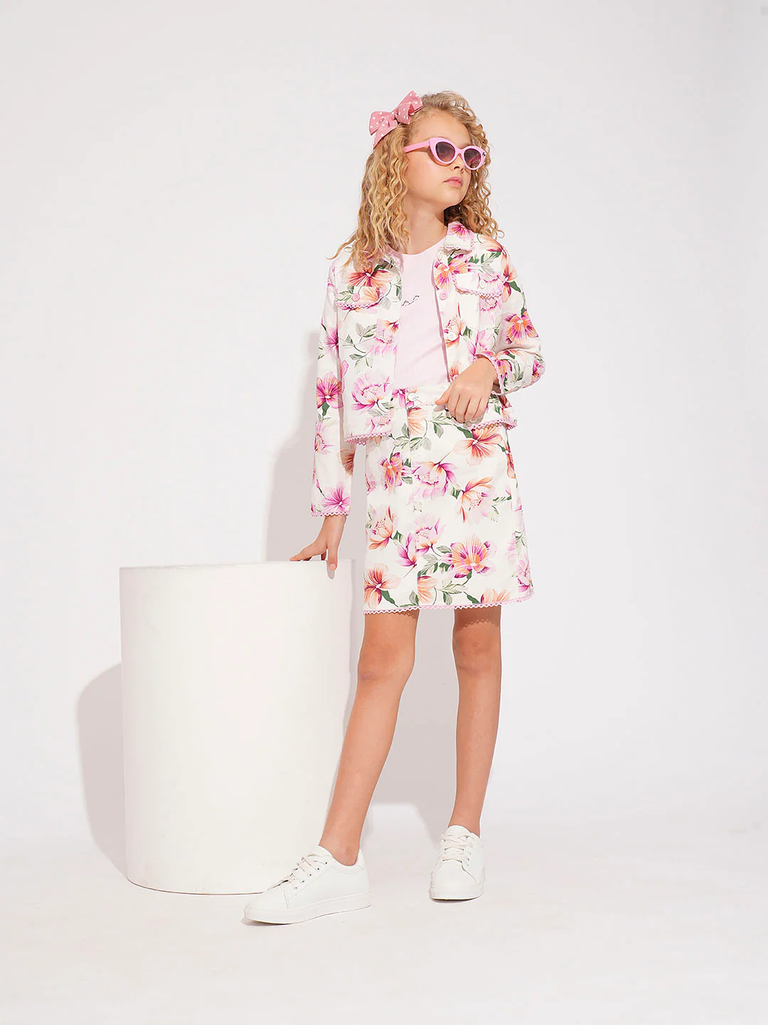 Girls Pink Floral Co-Ord Set Jacket - Image 4