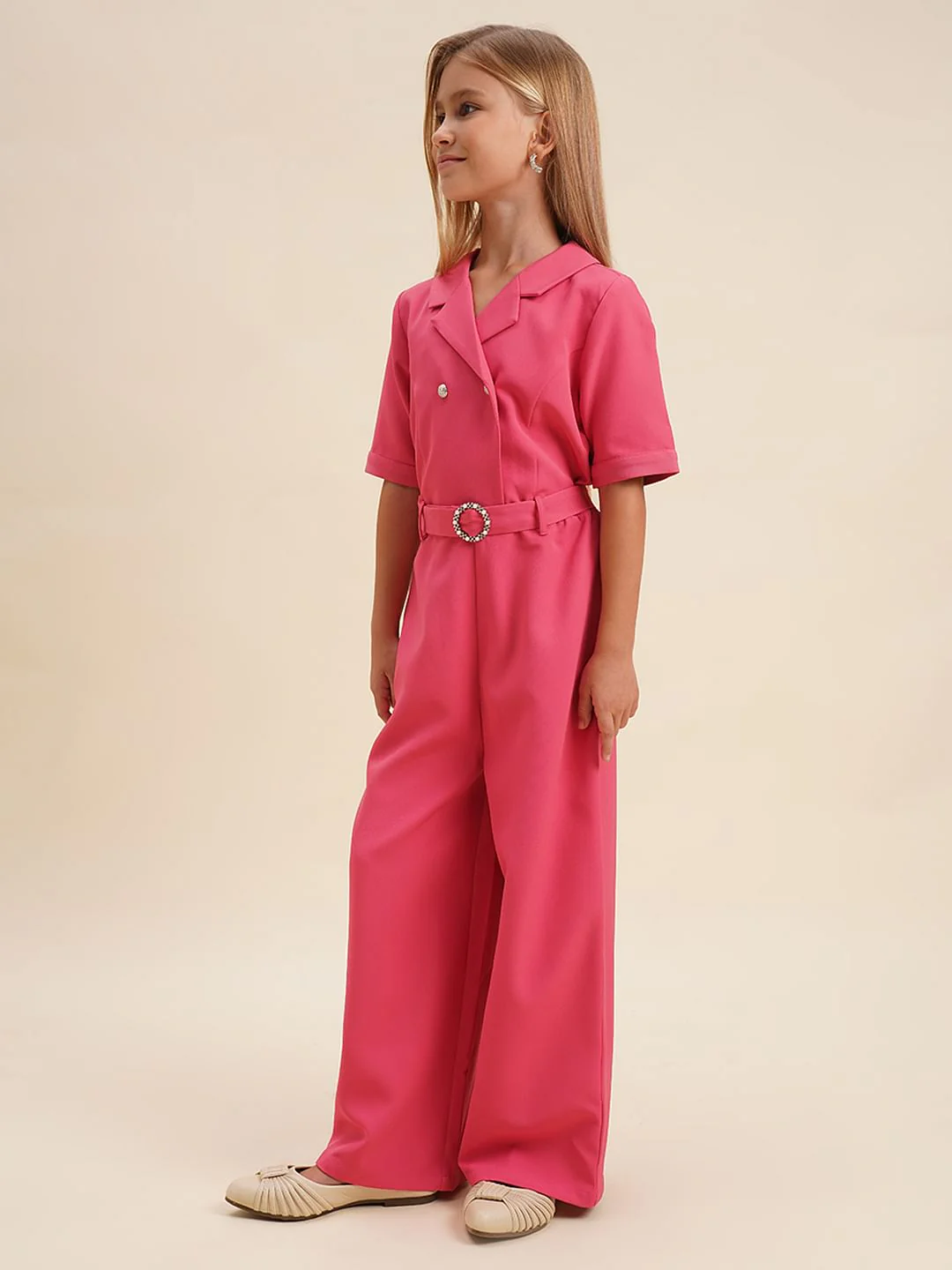 Girls Pink Belted Jumpsuit - Image 2