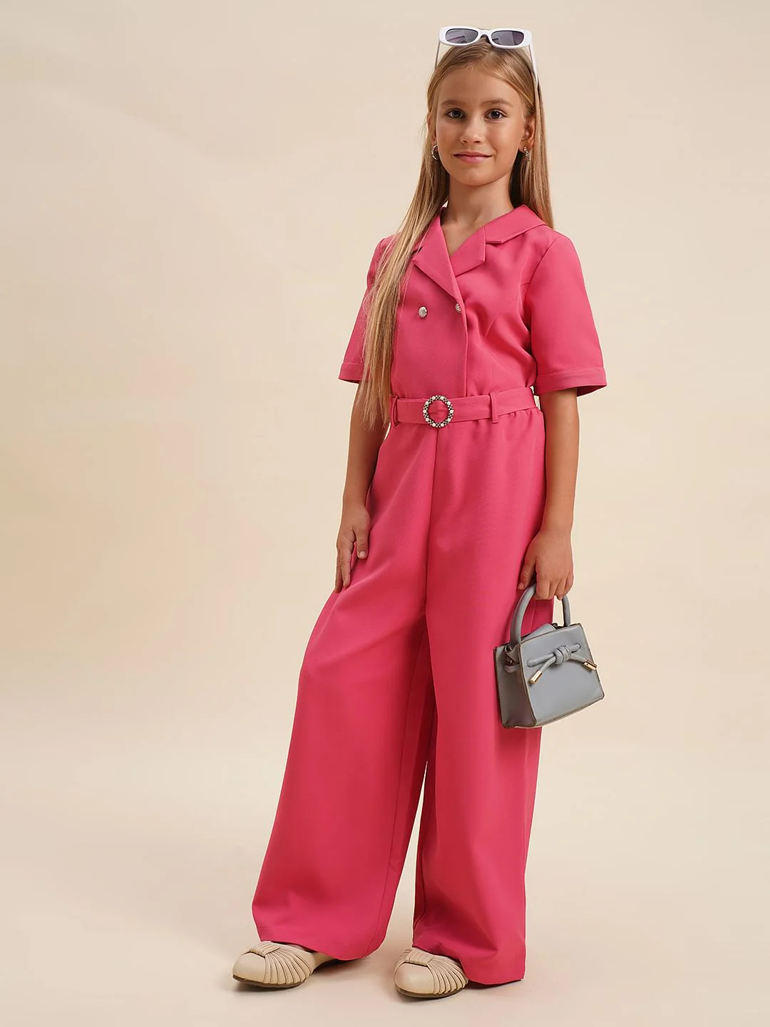 Girls Pink Belted Jumpsuit - Image 5