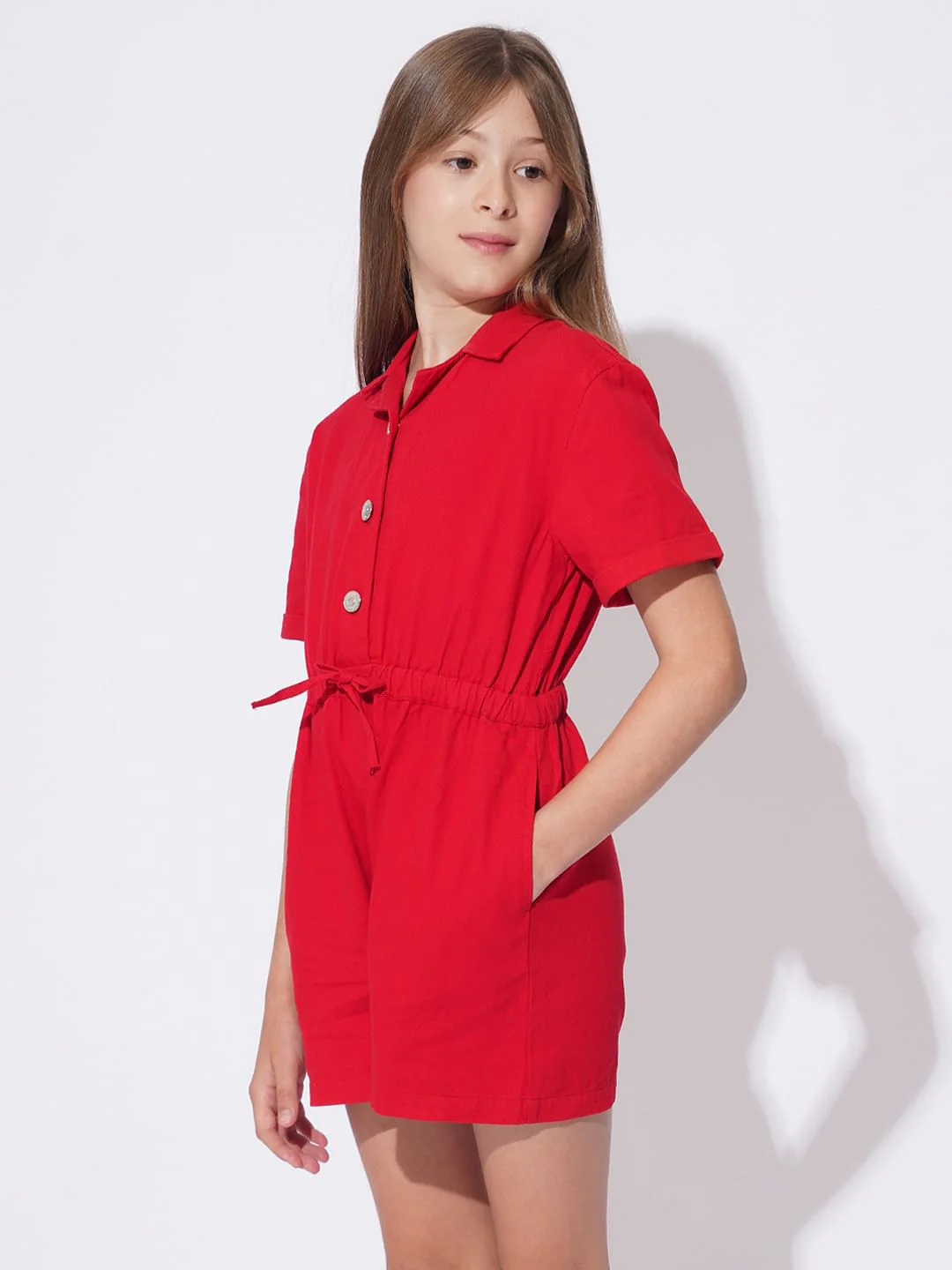 Girls Red Short Playsuit - Image 2