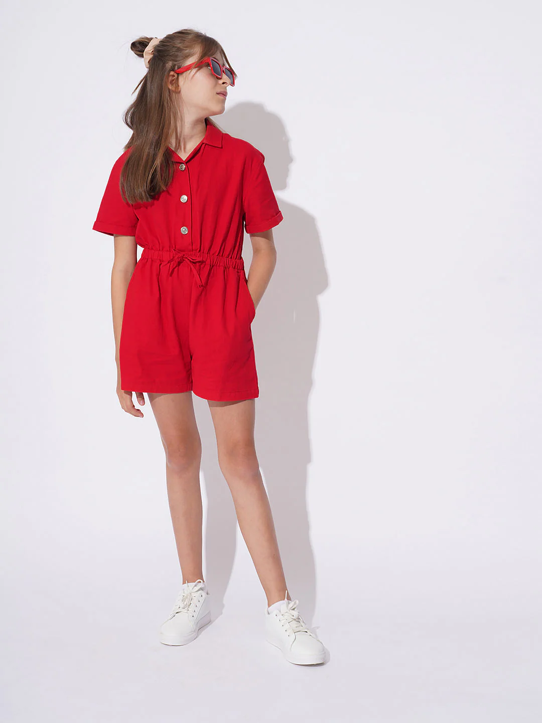 Girls Red Short Playsuit - Image 5