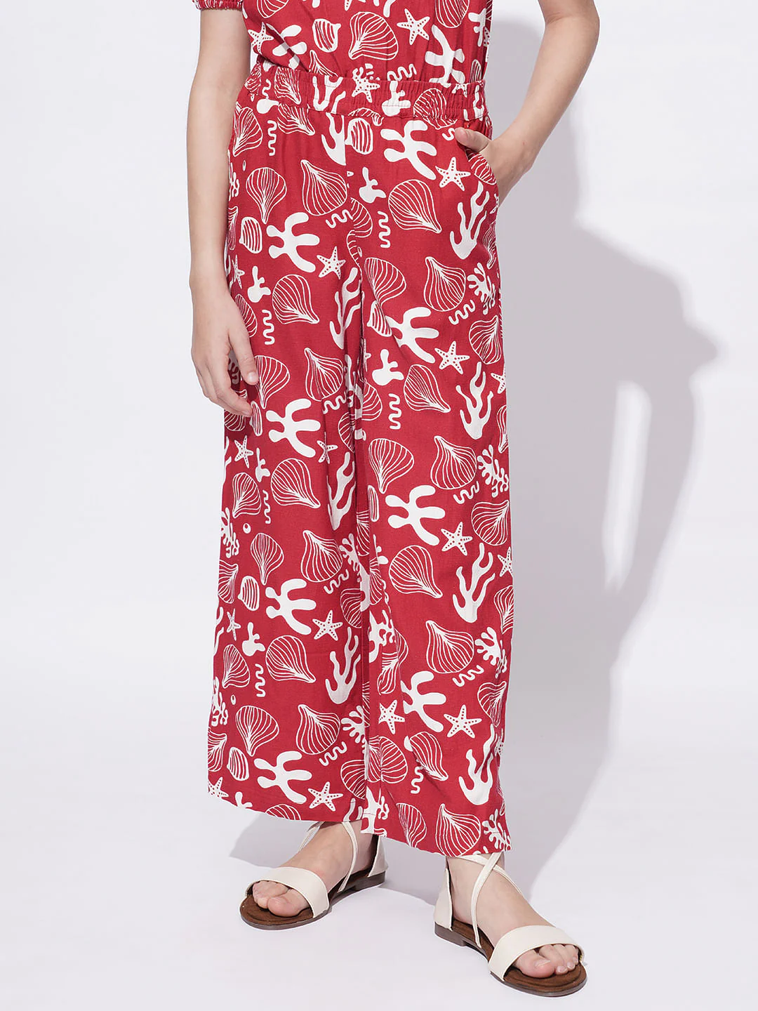 Girls Red Printed Co-Ord Set Wide Leg Pants - Image 2