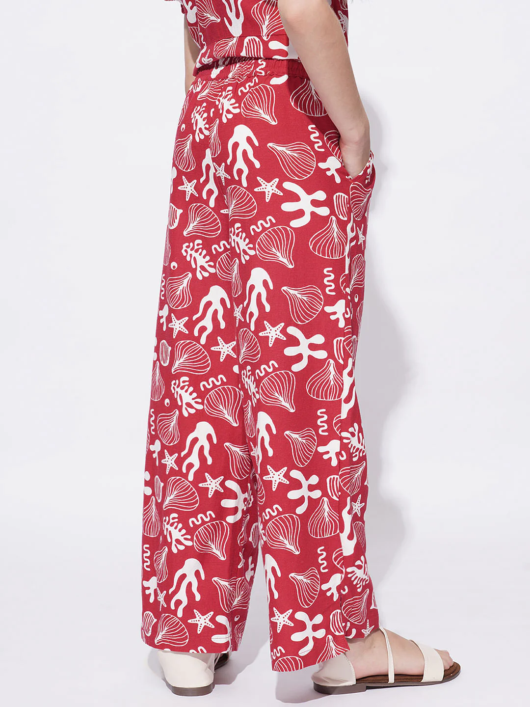 Girls Red Printed Co-Ord Set Wide Leg Pants - Image 3
