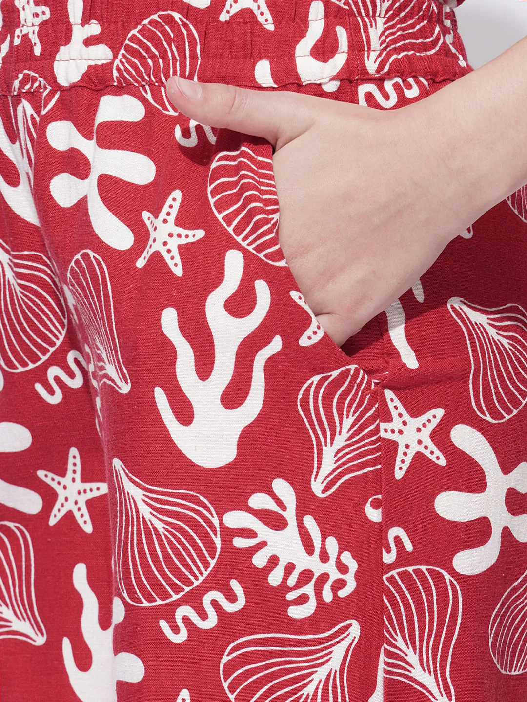 Girls Red Printed Co-Ord Set Wide Leg Pants - Image 4