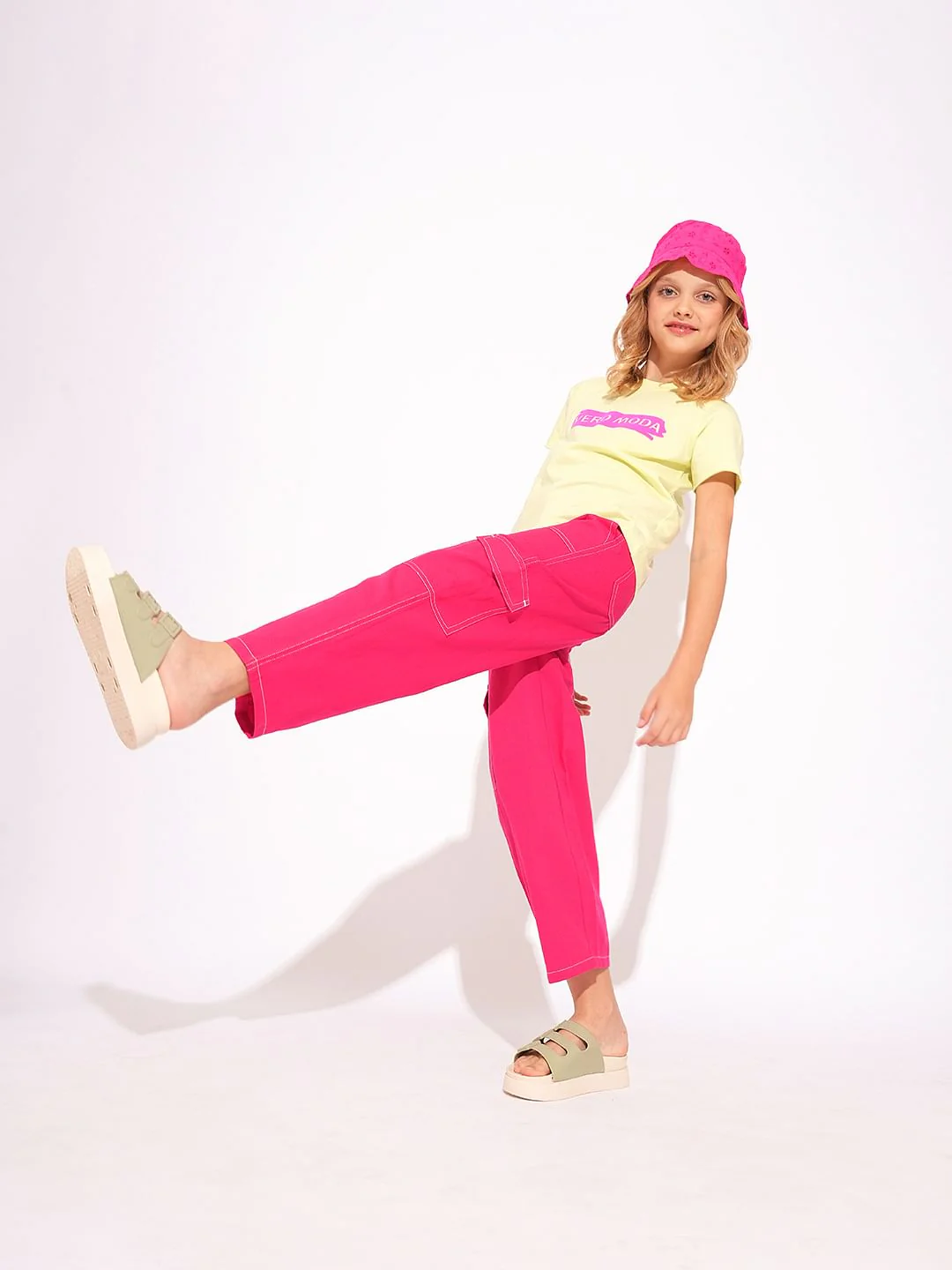 Girls Pink Contrast Stitch Straight Fit Pants